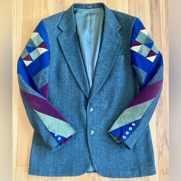 Vintage 80s Men's PATCHWORK Blazer Set 42/XL HOLBROOK Green Wool Quilted Jacket - Picture 6 of 9
